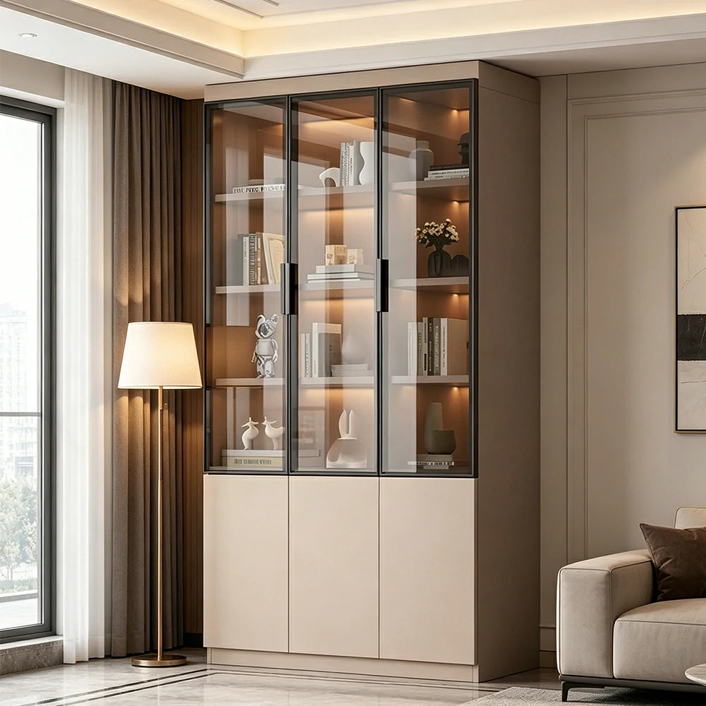 LUXORA Storage Cabinet - Honeycomb Aluminum Frame Glass Door Display Cabinet 90/120cm Living Room Storage - Coffee