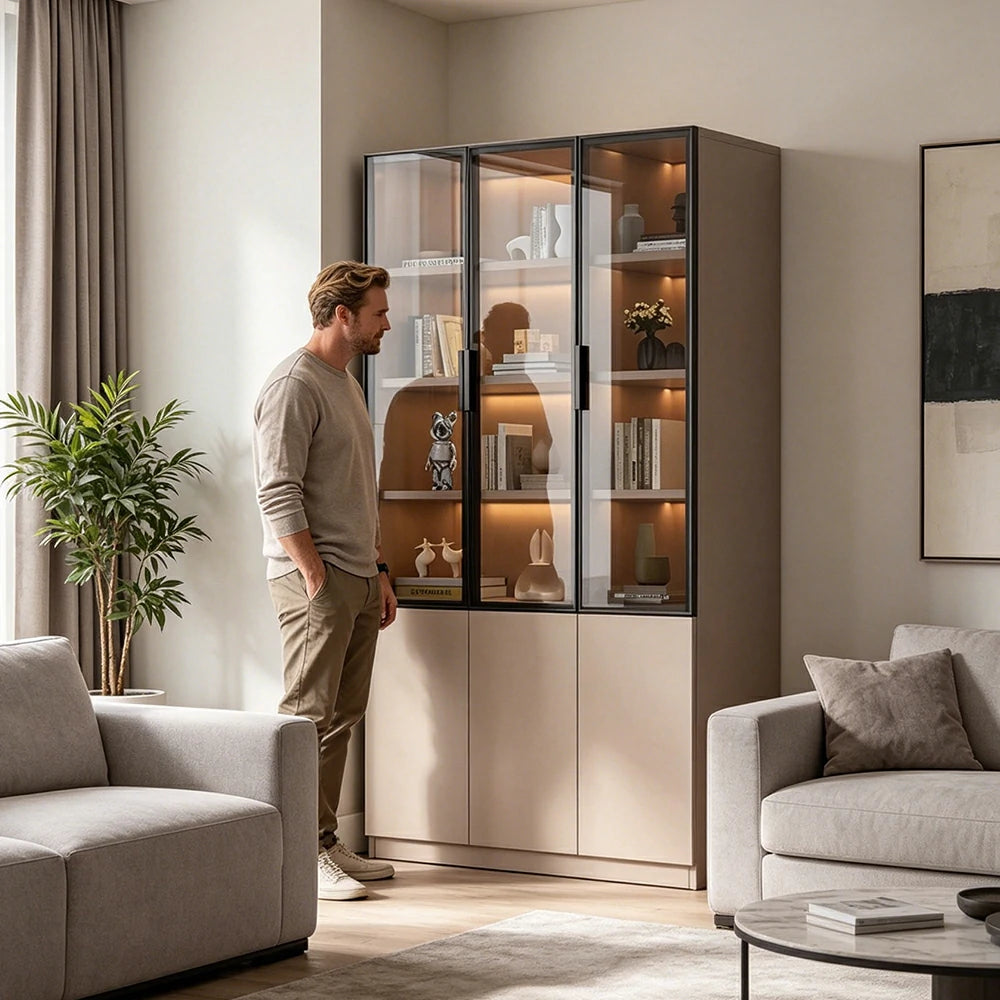 LUXORA Storage Cabinet - Honeycomb Aluminum Frame Glass Door Display Cabinet 90/120cm Living Room Storage - Coffee