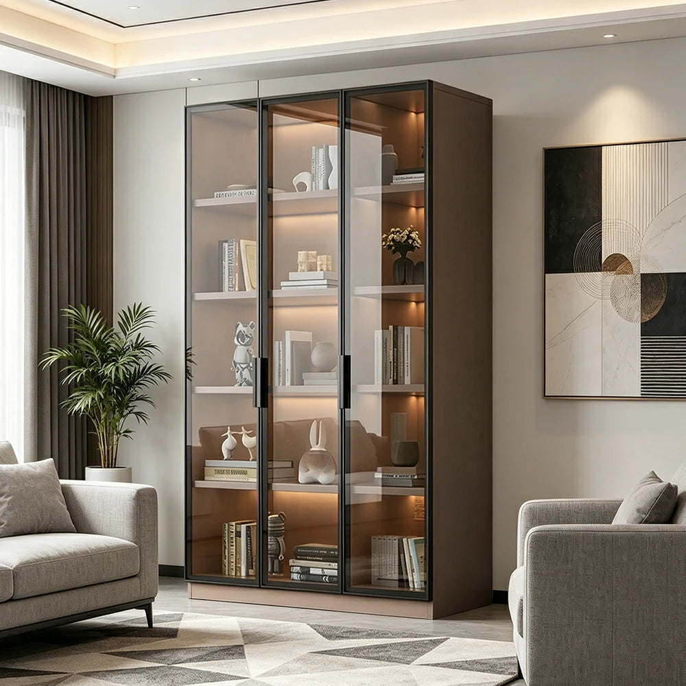 LUXORA Storage Cabinet - Honeycomb Aluminum Frame Full Glass Door Display Cabinet 90/120cm Living Room Storage - Coffee