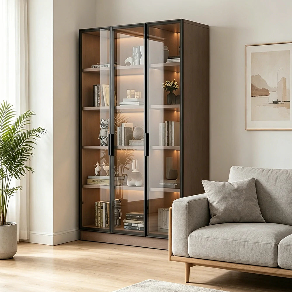 LUXORA Storage Cabinet - Honeycomb Aluminum Frame Full Glass Door Display Cabinet 90/120cm Living Room Storage - Coffee