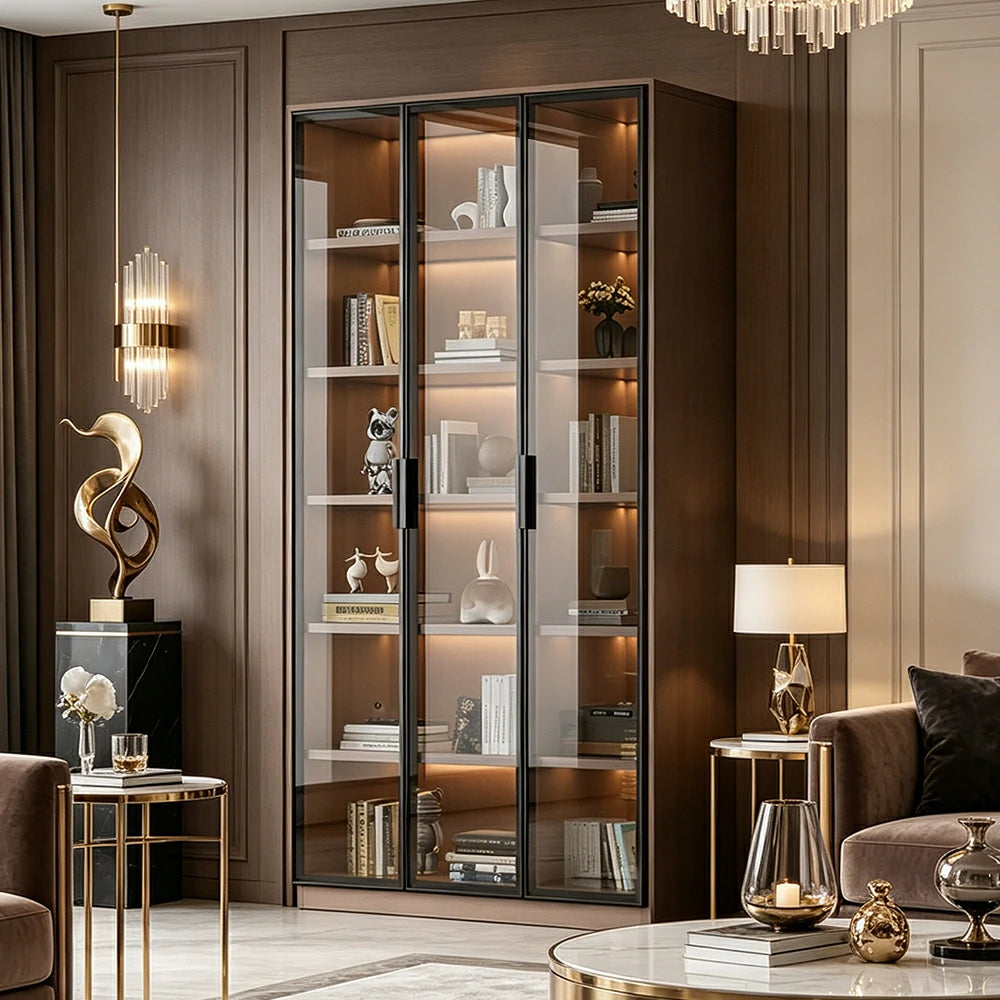 LUXORA Storage Cabinet - Honeycomb Aluminum Frame Full Glass Door Display Cabinet 90/120cm Living Room Storage - Coffee