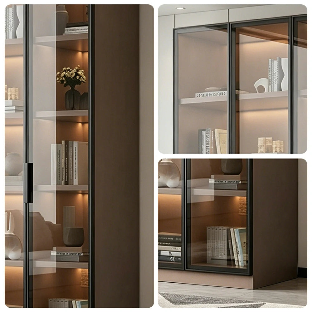 LUXORA Storage Cabinet - Honeycomb Aluminum Frame Full Glass Door Display Cabinet 90/120cm Living Room Storage - Coffee