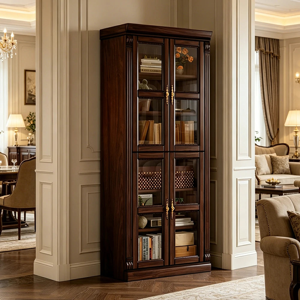 LUXORA Bookshelf Cabinet - Solid Wood Glass Door Display Bookcase 210cm Living Room Study Storage - Walnut