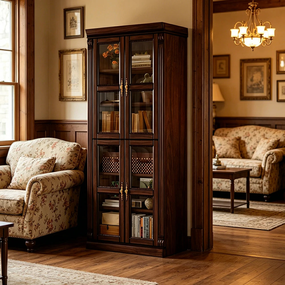 LUXORA Bookshelf Cabinet - Solid Wood Glass Door Display Bookcase 210cm Living Room Study Storage - Walnut