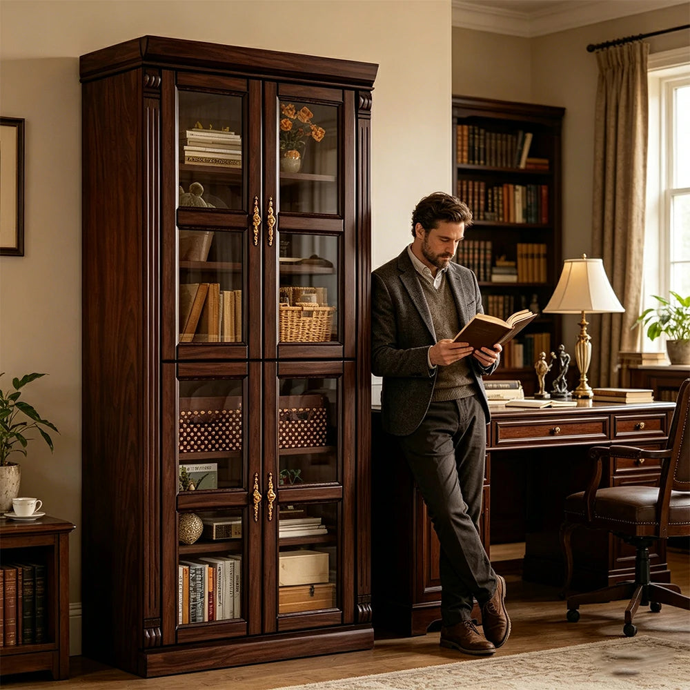 LUXORA Bookshelf Cabinet - Solid Wood Glass Door Display Bookcase 210cm Living Room Study Storage - Walnut
