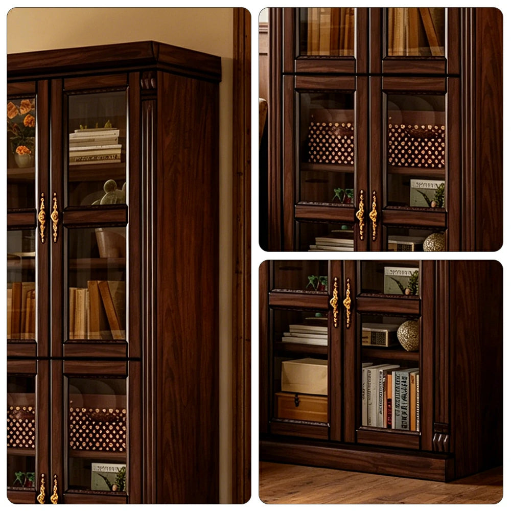 LUXORA Bookshelf Cabinet - Solid Wood Glass Door Display Bookcase 210cm Living Room Study Storage - Walnut