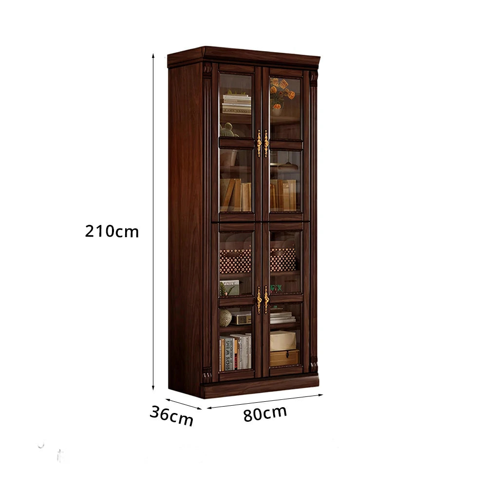 LUXORA Bookshelf Cabinet - Solid Wood Glass Door Display Bookcase 210cm Living Room Study Storage - Walnut