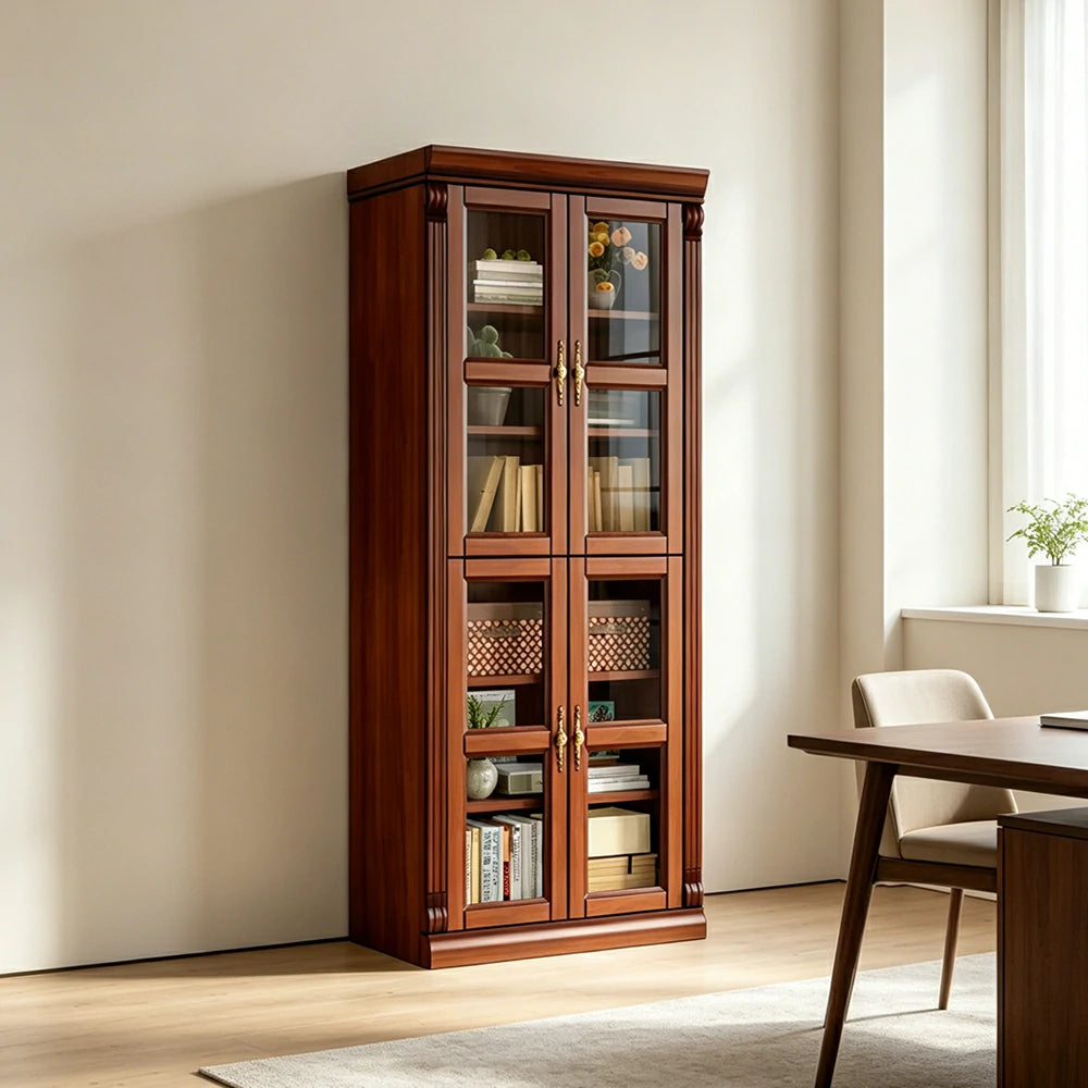 LUXORA Bookshelf Cabinet - Solid Wood Glass Door Display Bookcase 210cm Living Room Study Storage - Brown
