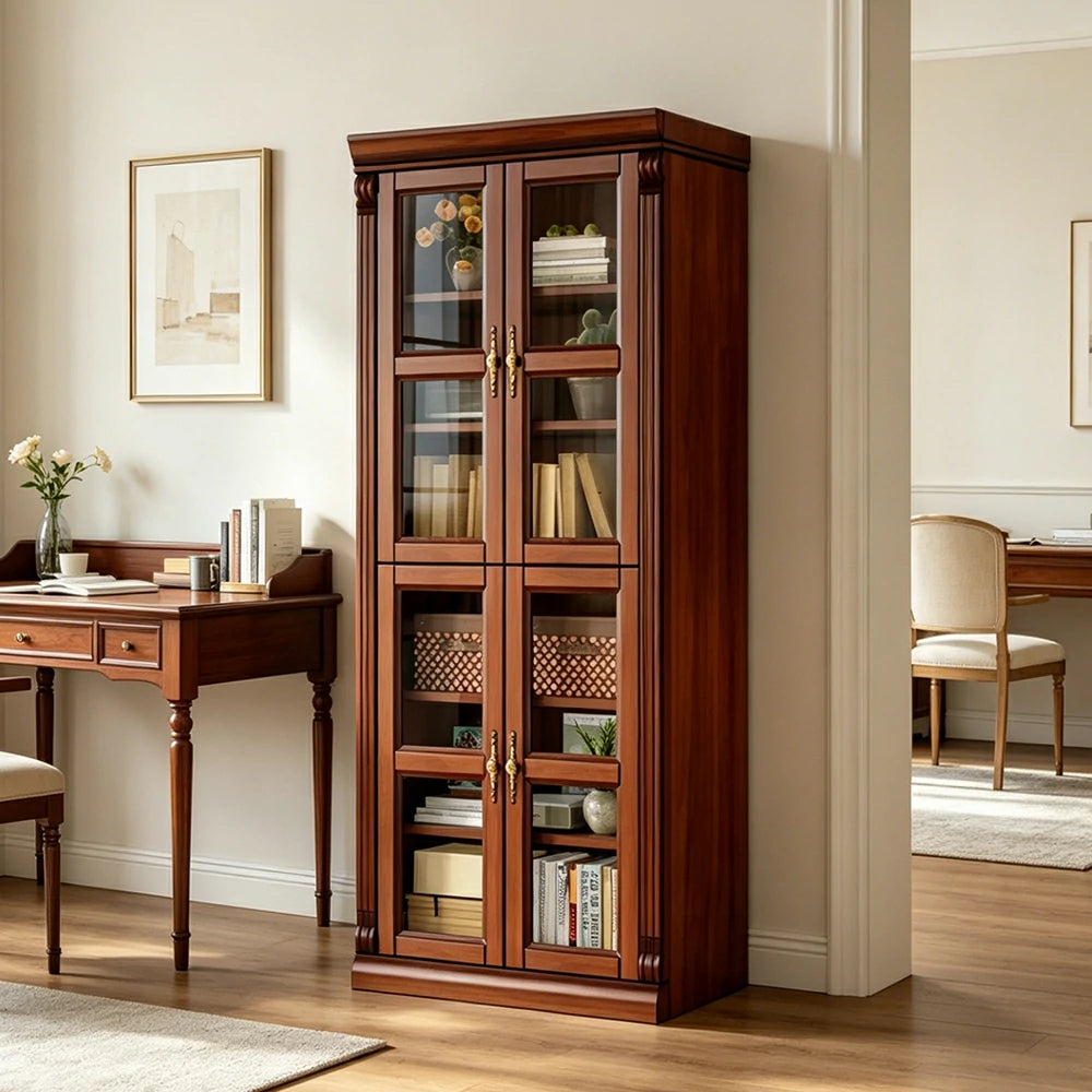 LUXORA Bookshelf Cabinet - Solid Wood Glass Door Display Bookcase 210cm Living Room Study Storage - Brown