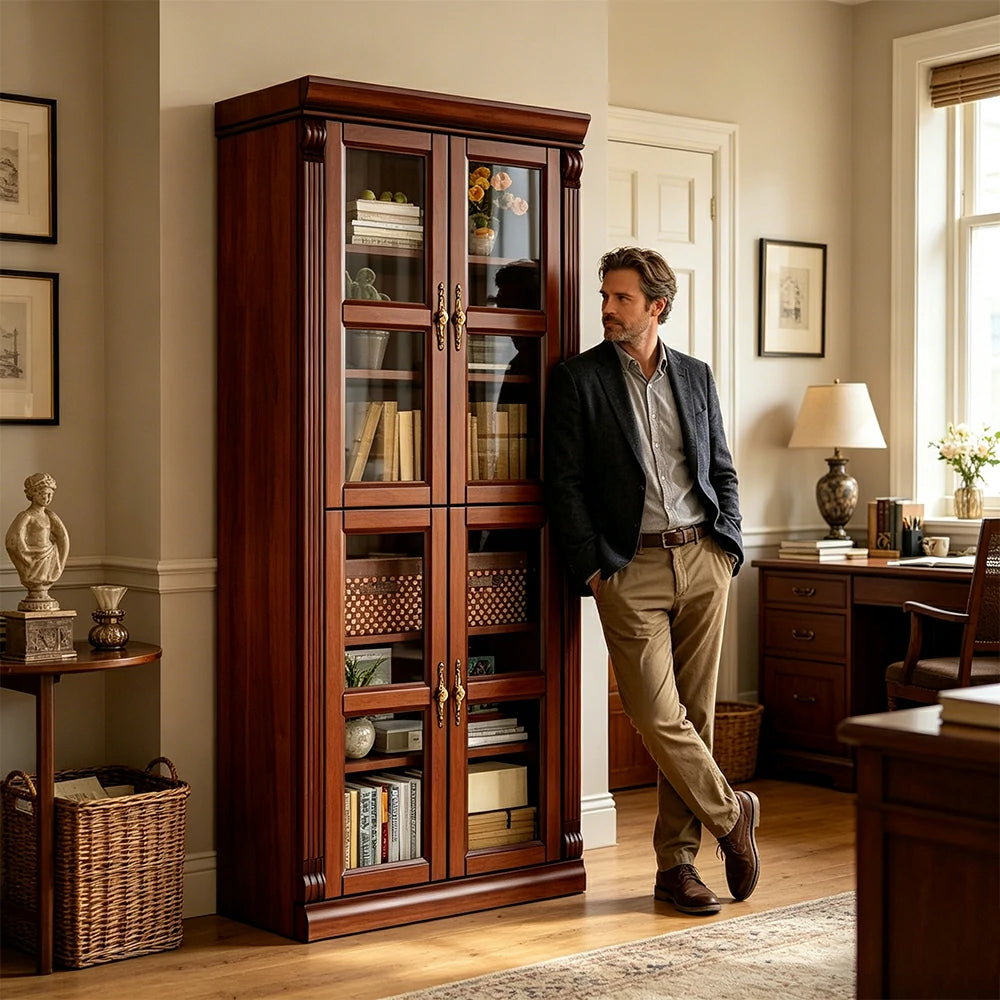 LUXORA Bookshelf Cabinet - Solid Wood Glass Door Display Bookcase 210cm Living Room Study Storage - Brown