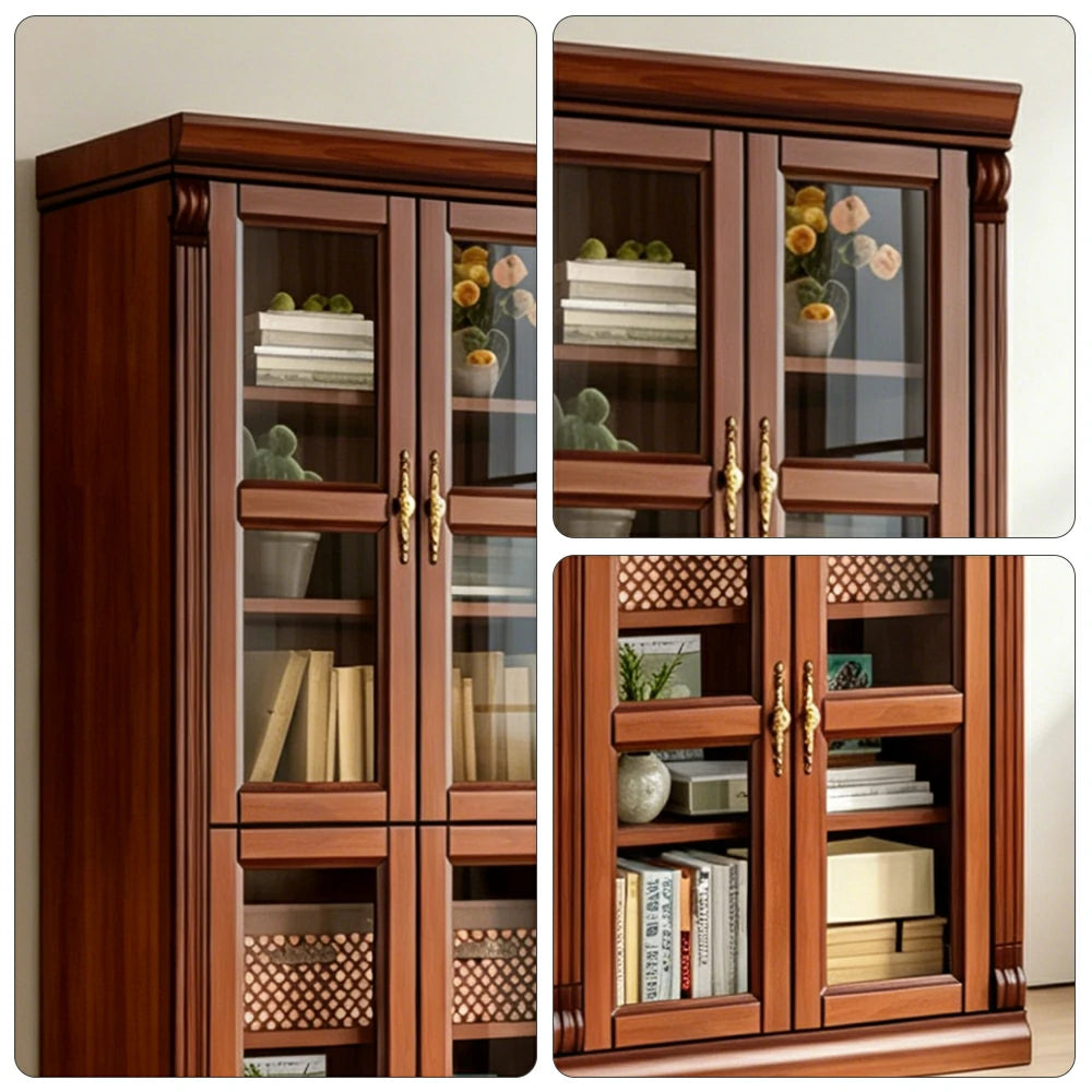 LUXORA Bookshelf Cabinet - Solid Wood Glass Door Display Bookcase 210cm Living Room Study Storage - Brown