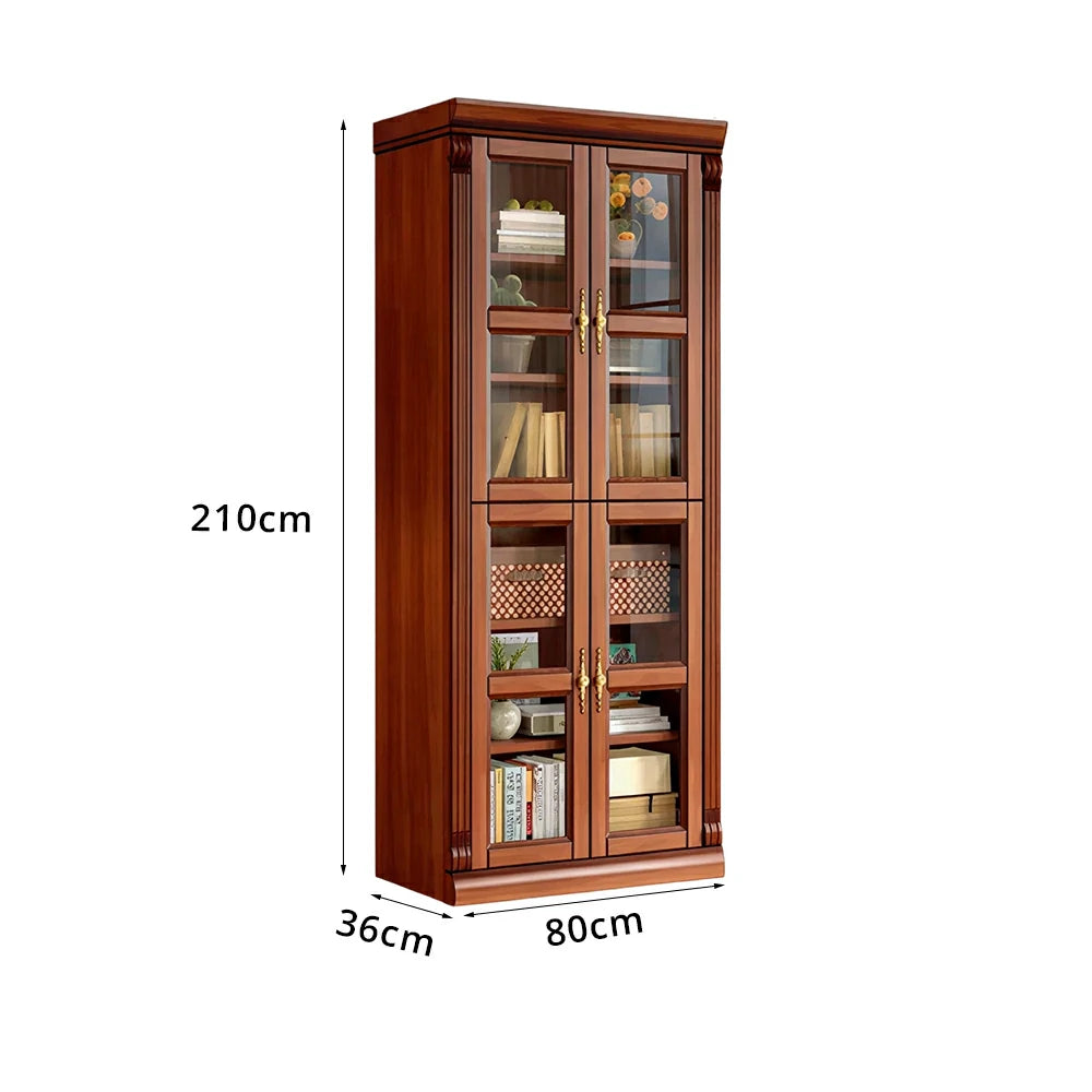 LUXORA Bookshelf Cabinet - Solid Wood Glass Door Display Bookcase 210cm Living Room Study Storage - Brown