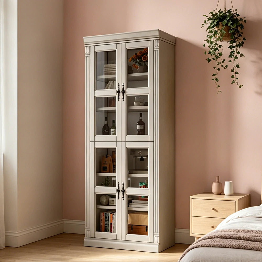 LUXORA Bookshelf Cabinet - Solid Wood Glass Door Display Bookcase 210cm Living Room Study Storage - White