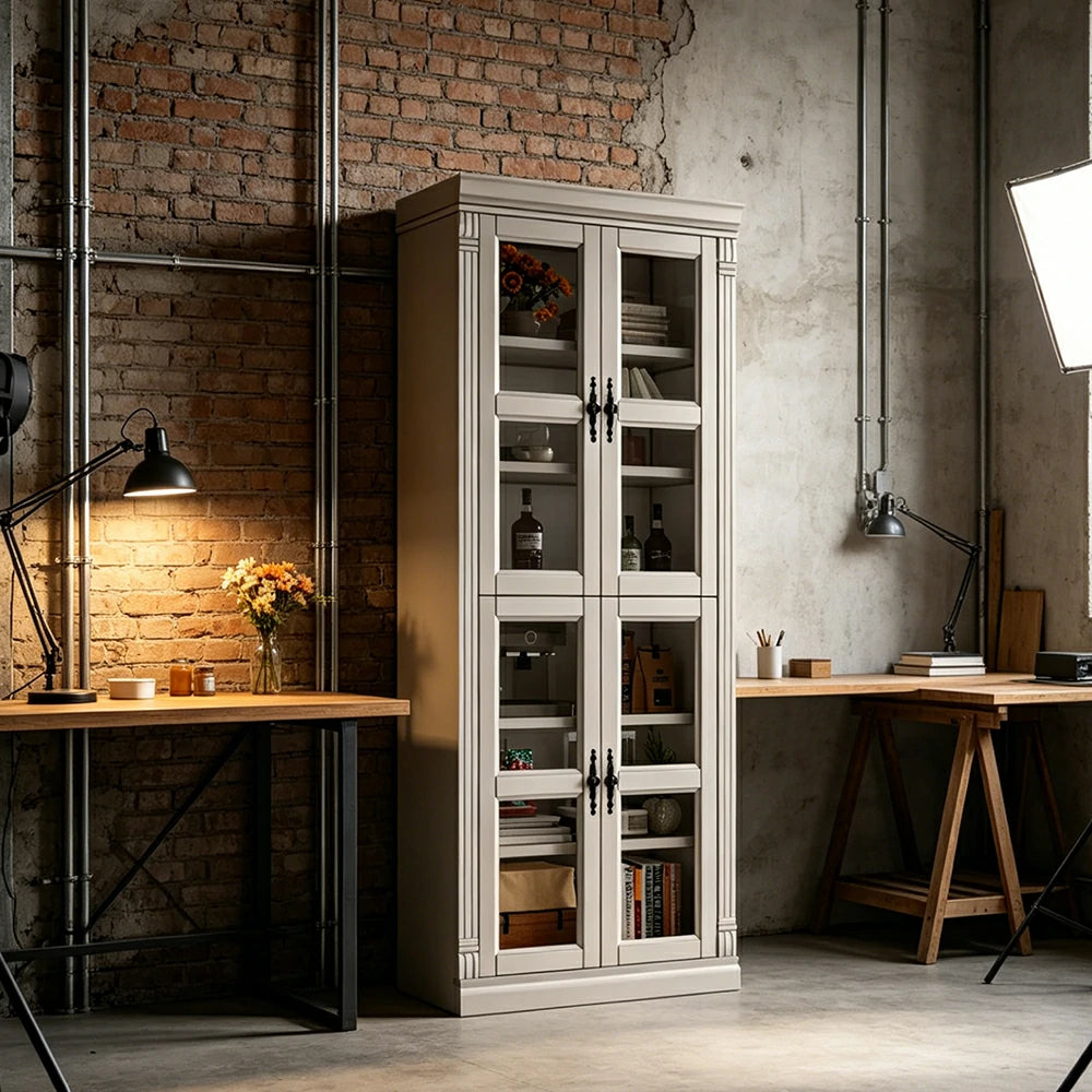 LUXORA Bookshelf Cabinet - Solid Wood Glass Door Display Bookcase 210cm Living Room Study Storage - White