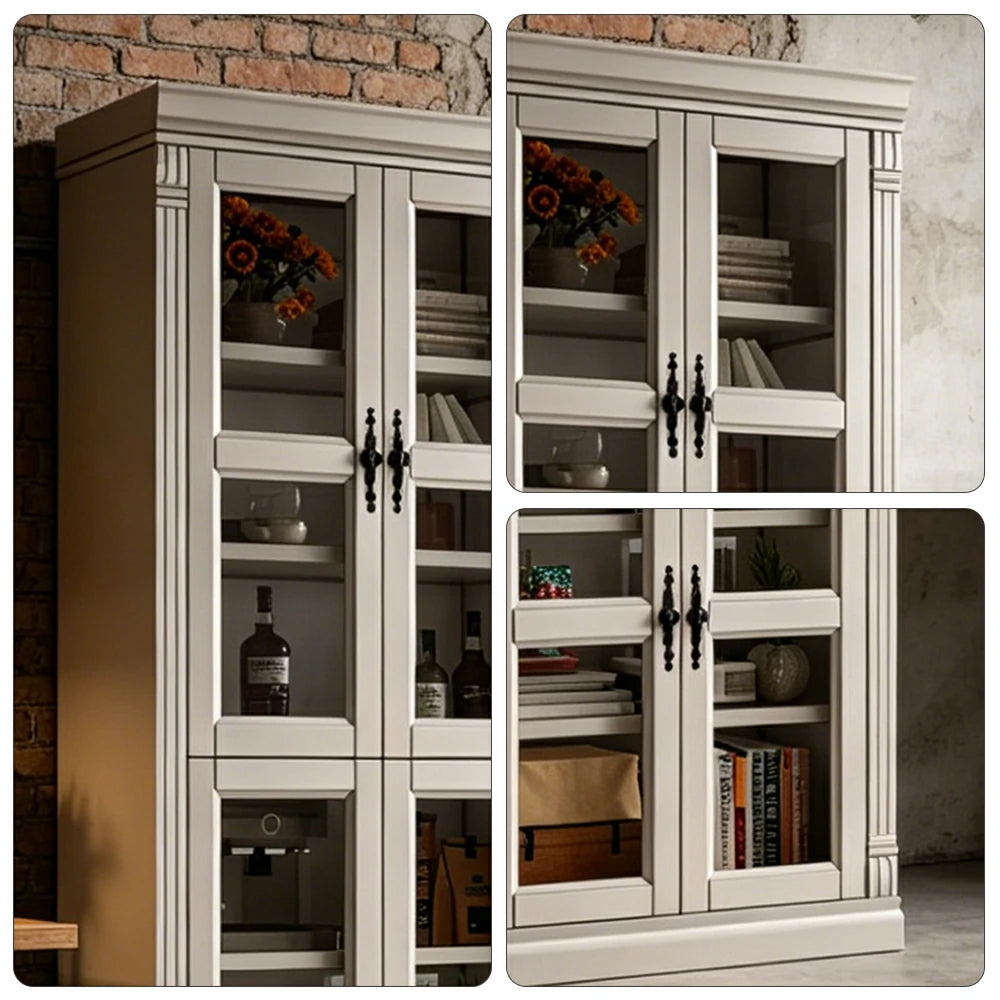 LUXORA Bookshelf Cabinet - Solid Wood Glass Door Display Bookcase 210cm Living Room Study Storage - White