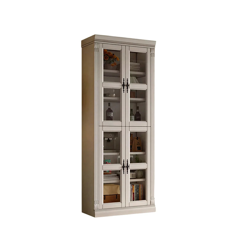 LUXORA Bookshelf Cabinet - Solid Wood Glass Door Display Bookcase 210cm Living Room Study Storage - White