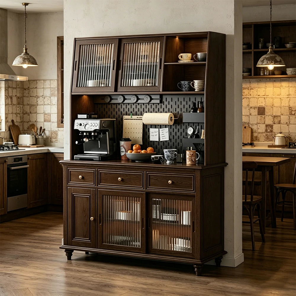 LUXORA Solid Wood Sideboard Cabinet with Pegboard Storage Sliding Glass Doors 90/120cm for Dining Room Coffee Bar