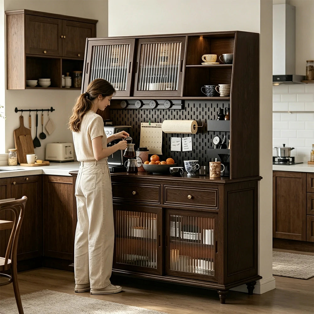 LUXORA Solid Wood Sideboard Cabinet with Pegboard Storage Sliding Glass Doors 90/120cm for Dining Room Coffee Bar