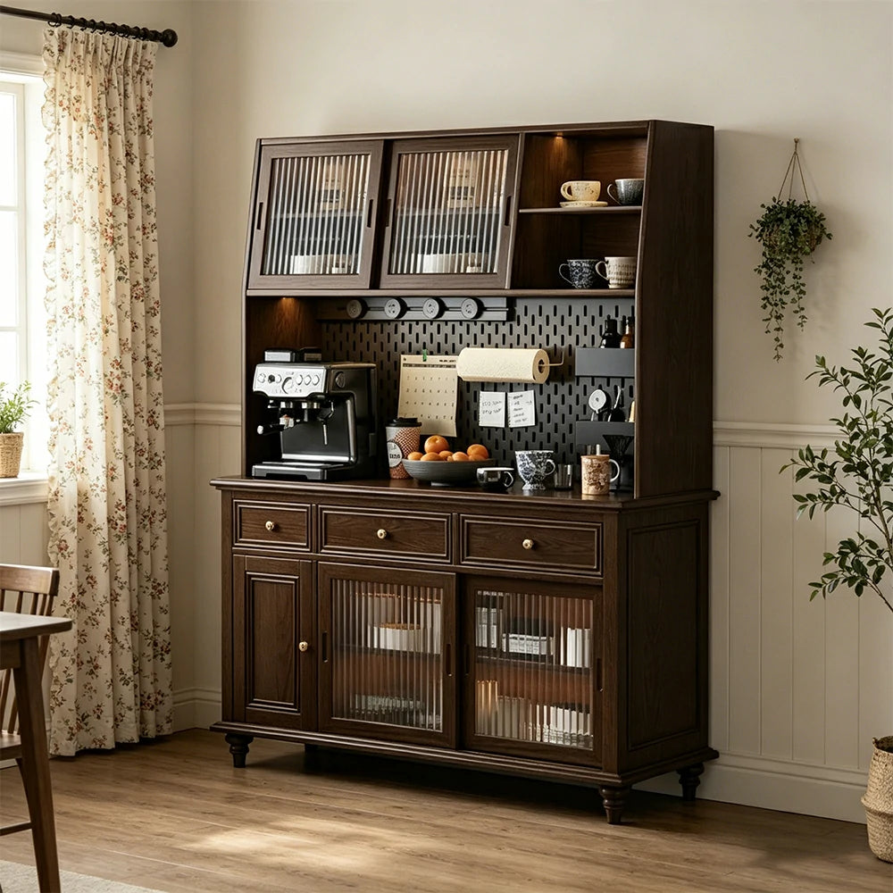 LUXORA Solid Wood Sideboard Cabinet with Pegboard Storage Sliding Glass Doors 90/120cm for Dining Room Coffee Bar