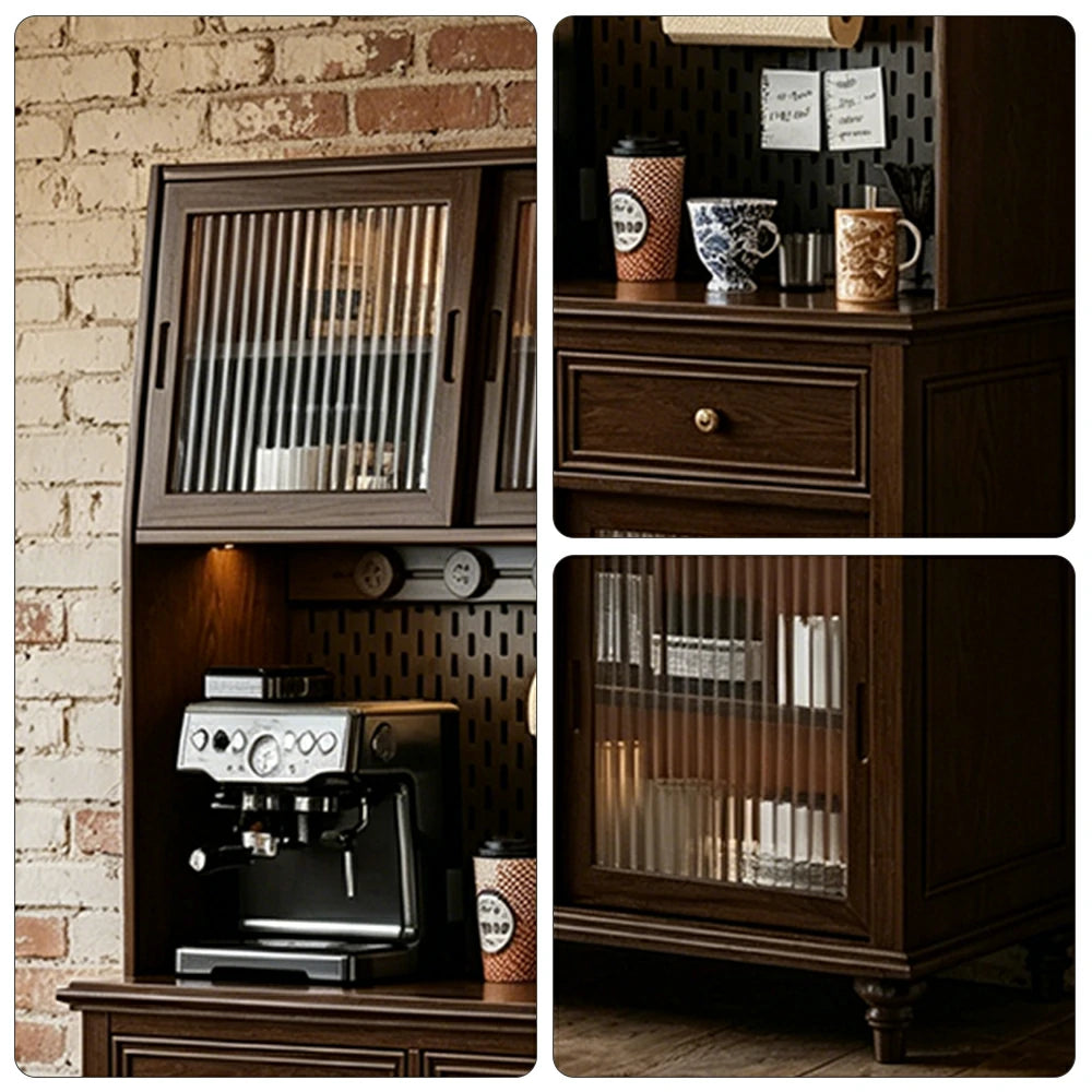 LUXORA Solid Wood Sideboard Cabinet with Pegboard Storage Sliding Glass Doors 90/120cm for Dining Room Coffee Bar