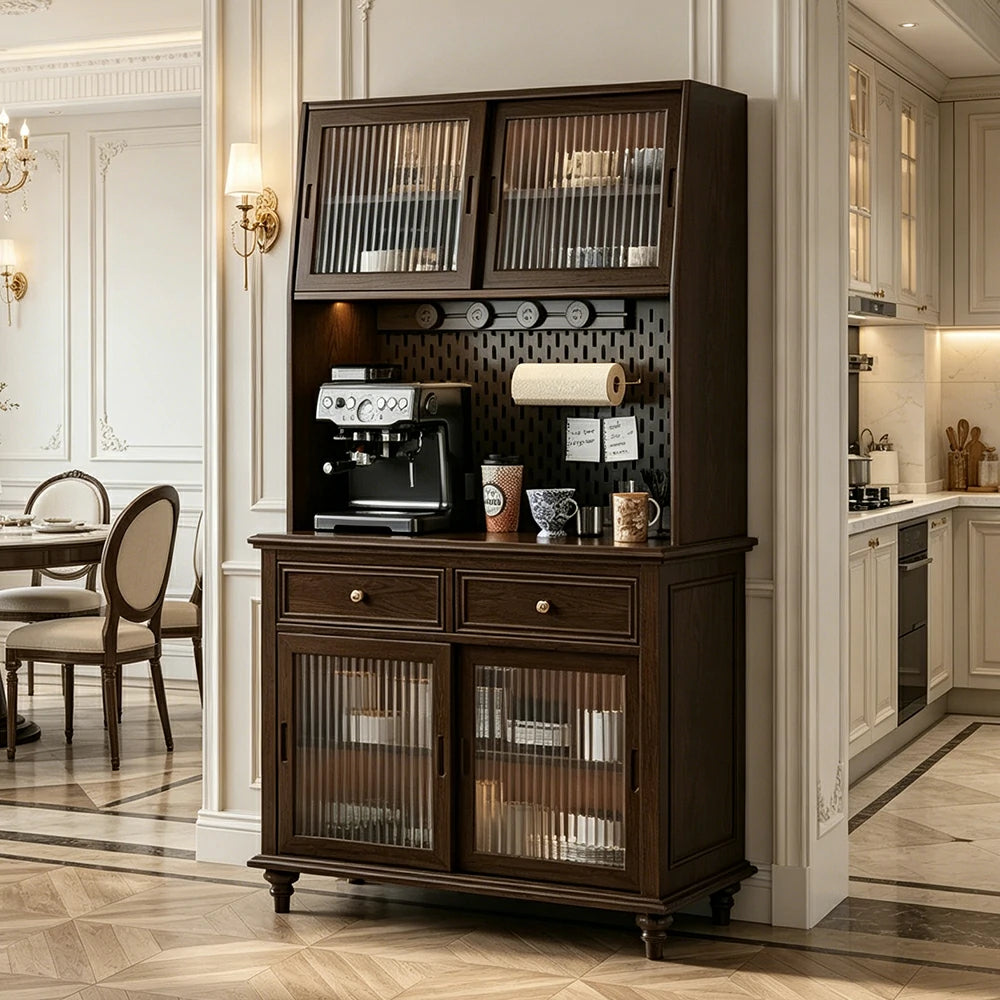LUXORA Solid Wood Sideboard Cabinet with Pegboard Storage Sliding Glass Doors 90/120cm for Dining Room Coffee Bar
