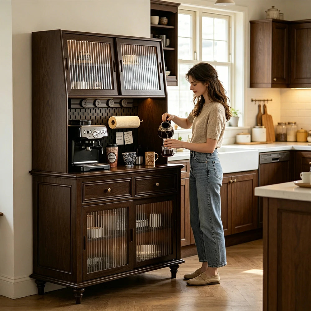 LUXORA Solid Wood Sideboard Cabinet with Pegboard Storage Sliding Glass Doors 90/120cm for Dining Room Coffee Bar