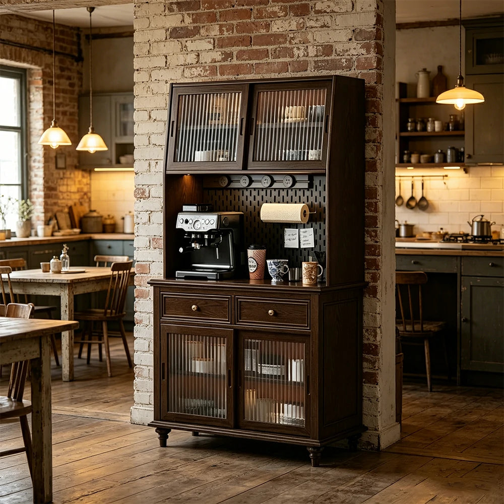 LUXORA Solid Wood Sideboard Cabinet with Pegboard Storage Sliding Glass Doors 90/120cm for Dining Room Coffee Bar