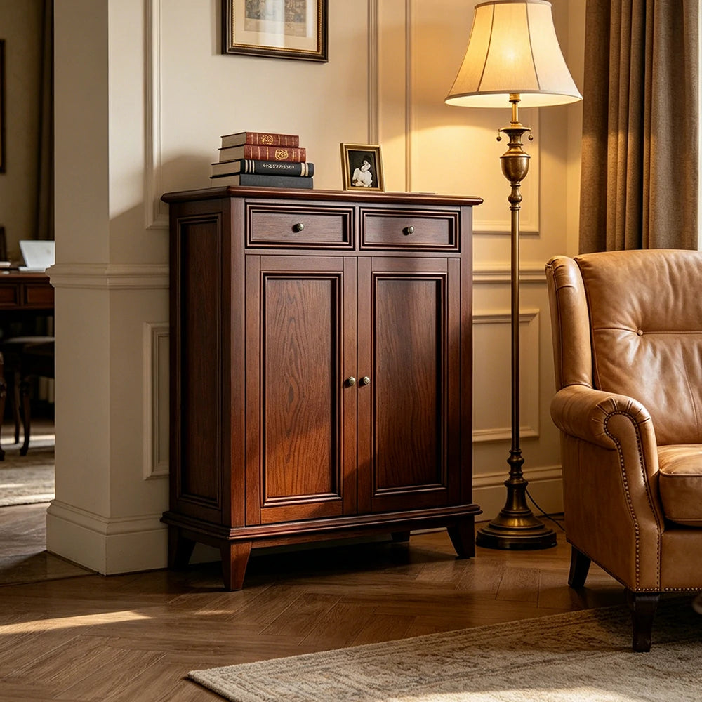 LUXORA Solid Wood 2 Door Shoe Cabinet with Multi-Drawer Storage American Style Entryway Organizer for Hallway Foyer - Walnut