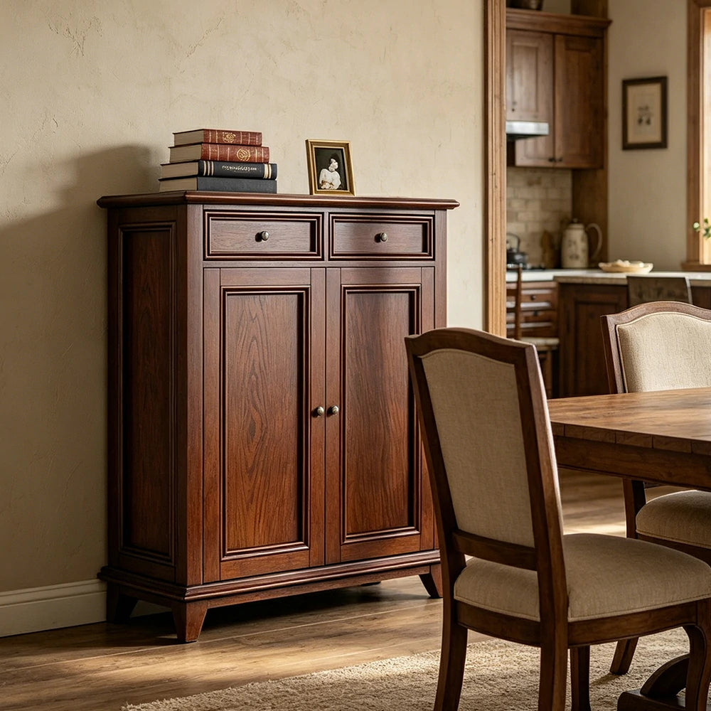 LUXORA Solid Wood 2 Door Shoe Cabinet with Multi-Drawer Storage American Style Entryway Organizer for Hallway Foyer - Walnut