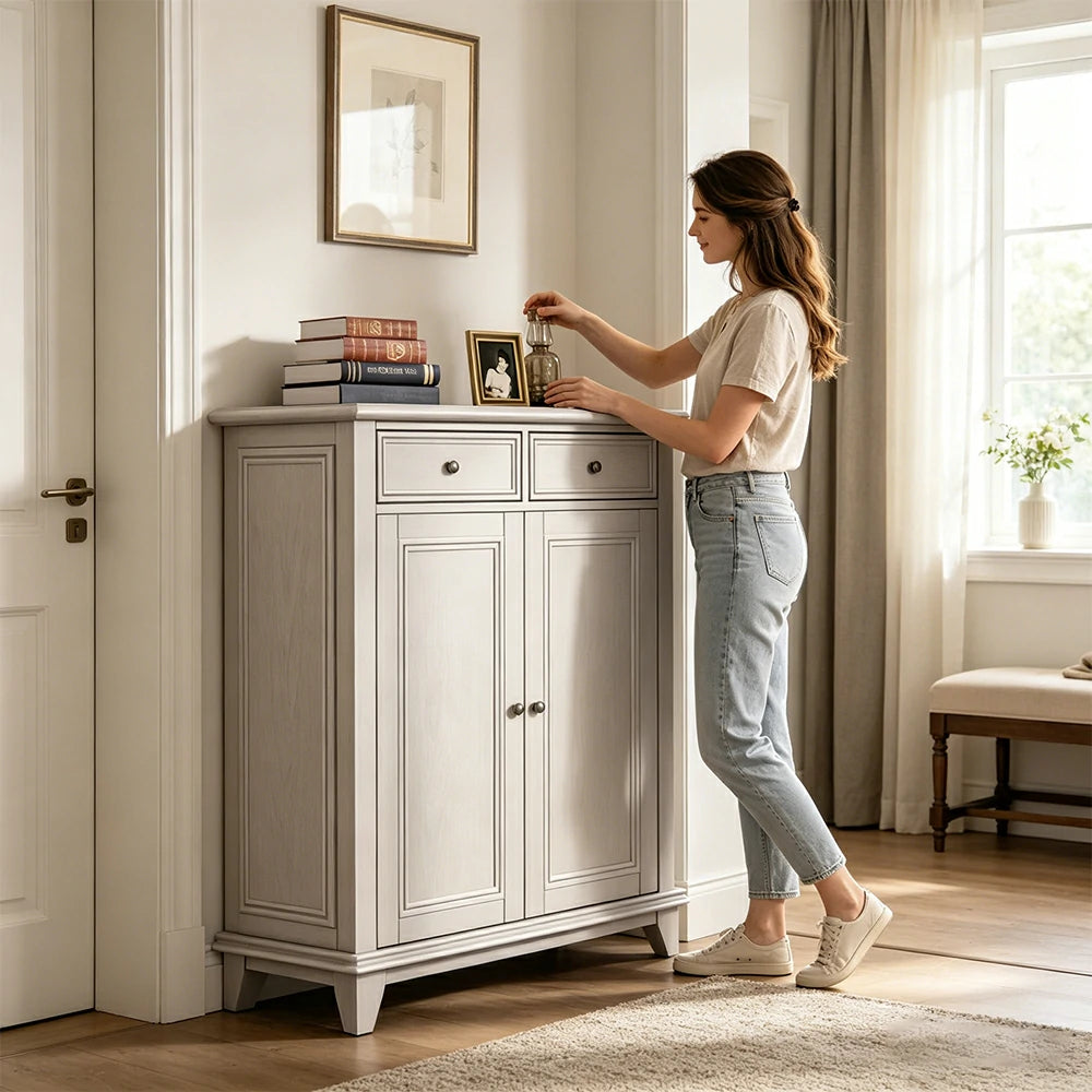 LUXORA Solid Wood 2 Door Shoe Cabinet with Multi-Drawer Storage American Style Entryway Organizer for Hallway Foyer - White