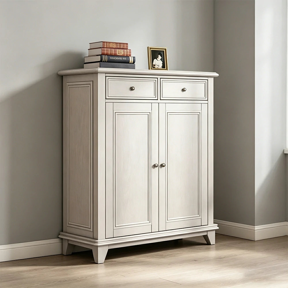 LUXORA Solid Wood 2 Door Shoe Cabinet with Multi-Drawer Storage American Style Entryway Organizer for Hallway Foyer - White