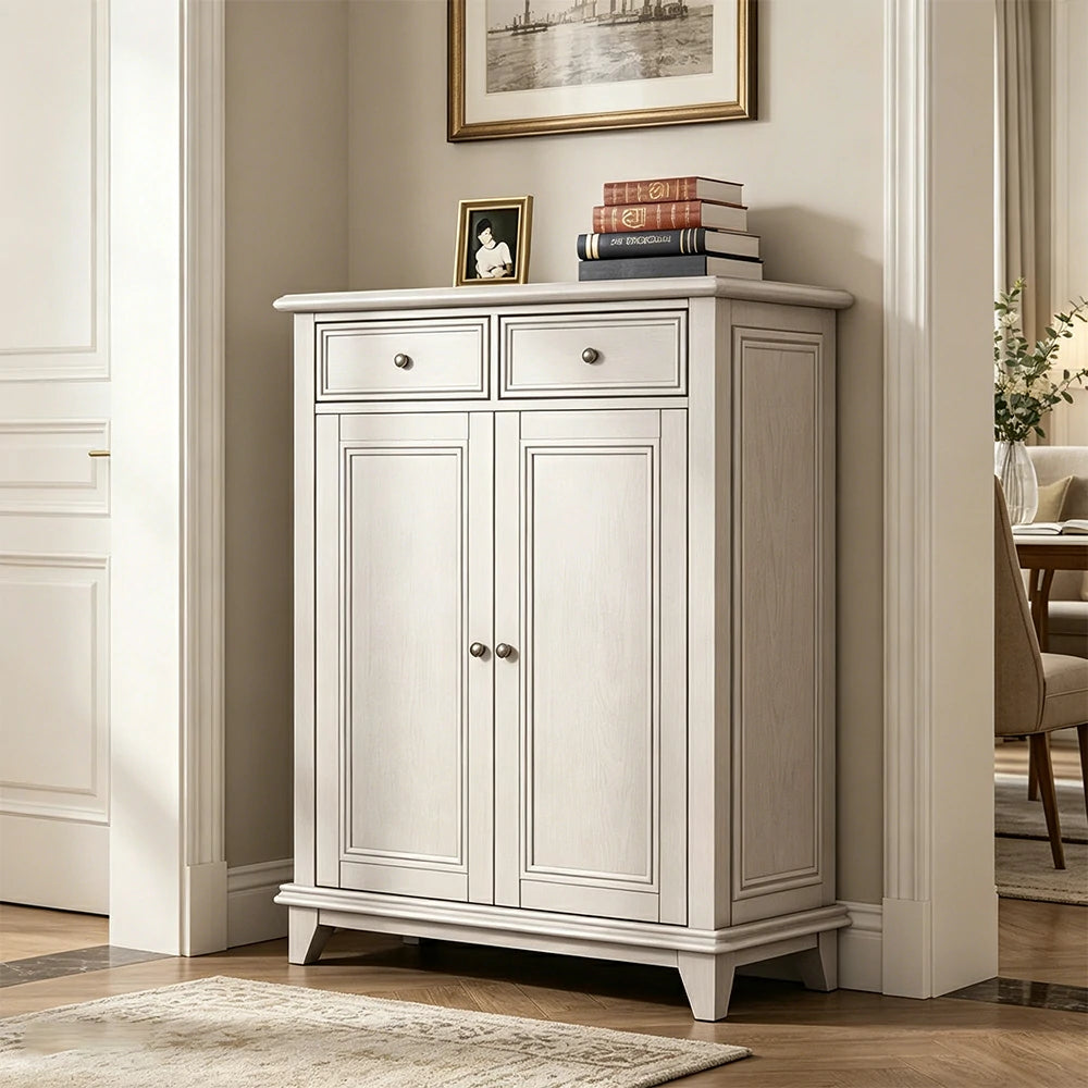LUXORA Solid Wood 2 Door Shoe Cabinet with Multi-Drawer Storage American Style Entryway Organizer for Hallway Foyer - White