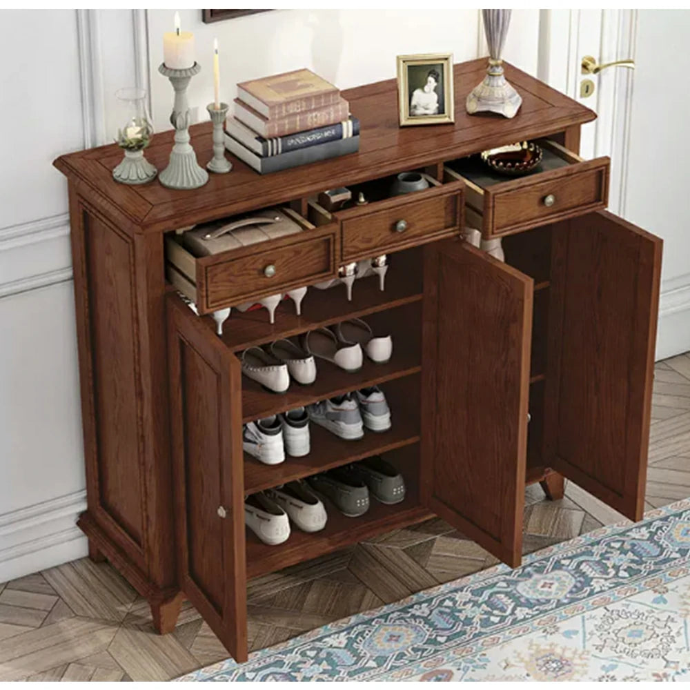 LUXORA Solid Wood 3 Door Shoe Cabinet with Multi-Drawer Storage American Style Entryway Organizer for Hallway Foyer - Walnut