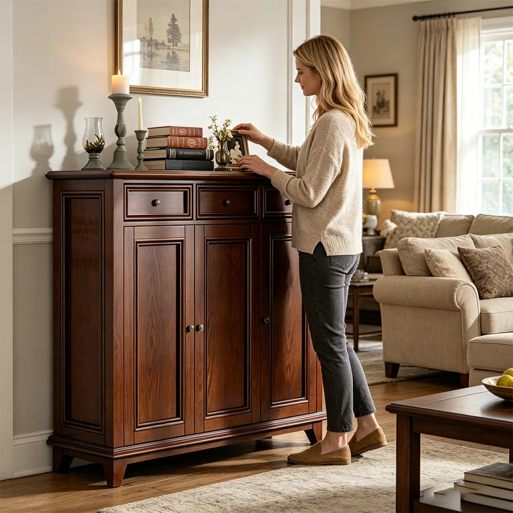 LUXORA Solid Wood 3 Door Shoe Cabinet with Multi-Drawer Storage American Style Entryway Organizer for Hallway Foyer - Walnut