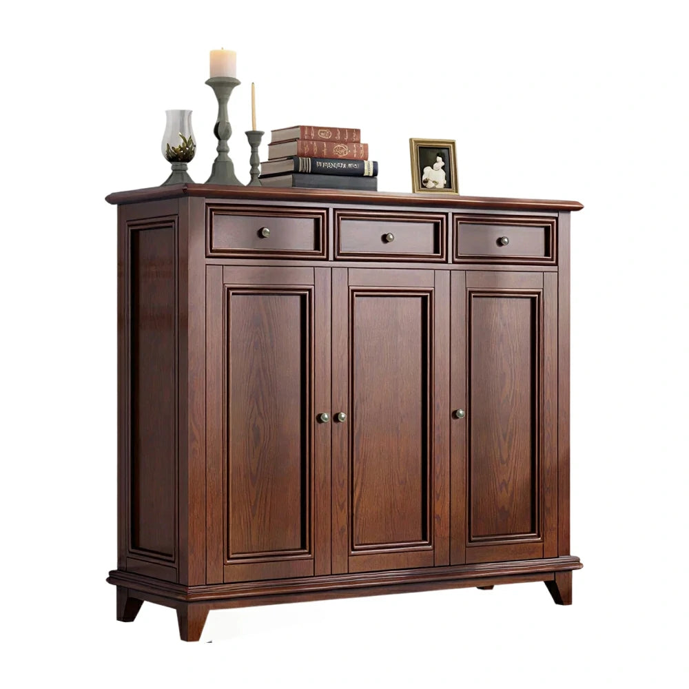 LUXORA Solid Wood 3 Door Shoe Cabinet with Multi-Drawer Storage American Style Entryway Organizer for Hallway Foyer - Walnut