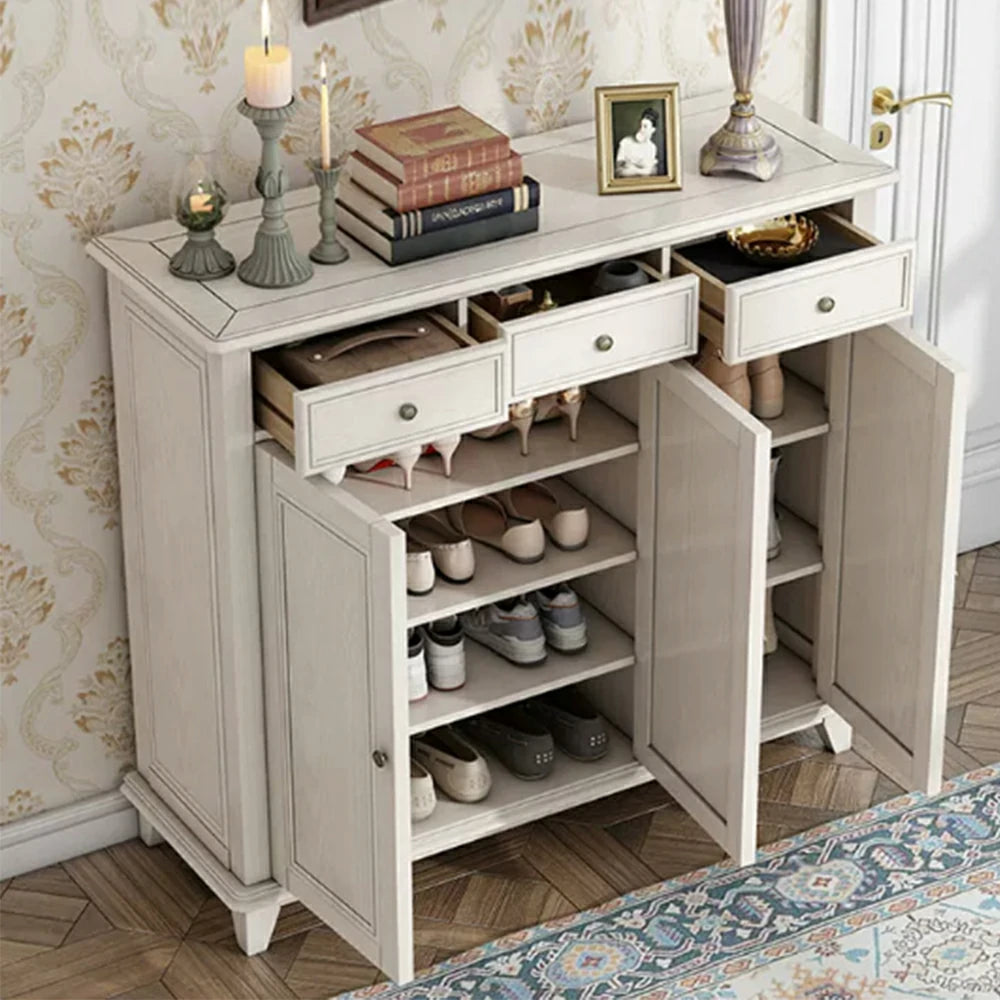 LUXORA Solid Wood 3 Door Shoe Cabinet with Multi-Drawer Storage American Style Entryway Organizer for Hallway Foyer - White