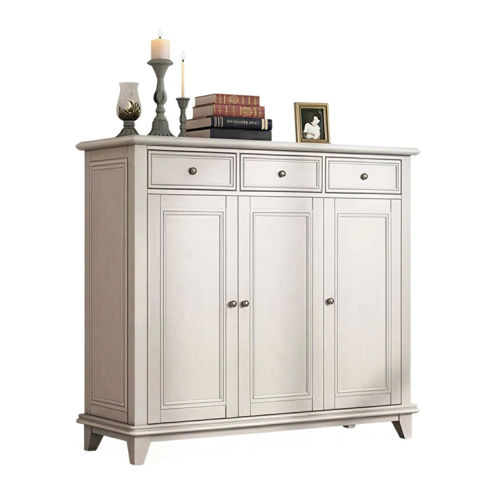 LUXORA Solid Wood 3 Door Shoe Cabinet with Multi-Drawer Storage American Style Entryway Organizer for Hallway Foyer - White