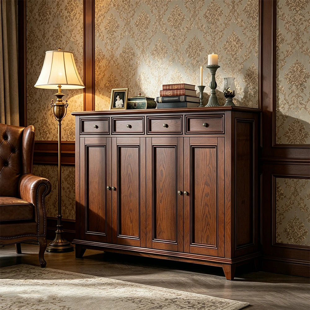 LUXORA Solid Wood 4 Door Shoe Cabinet with Multi-Drawer Storage American Style Entryway Organizer for Hallway Foyer - Walnut