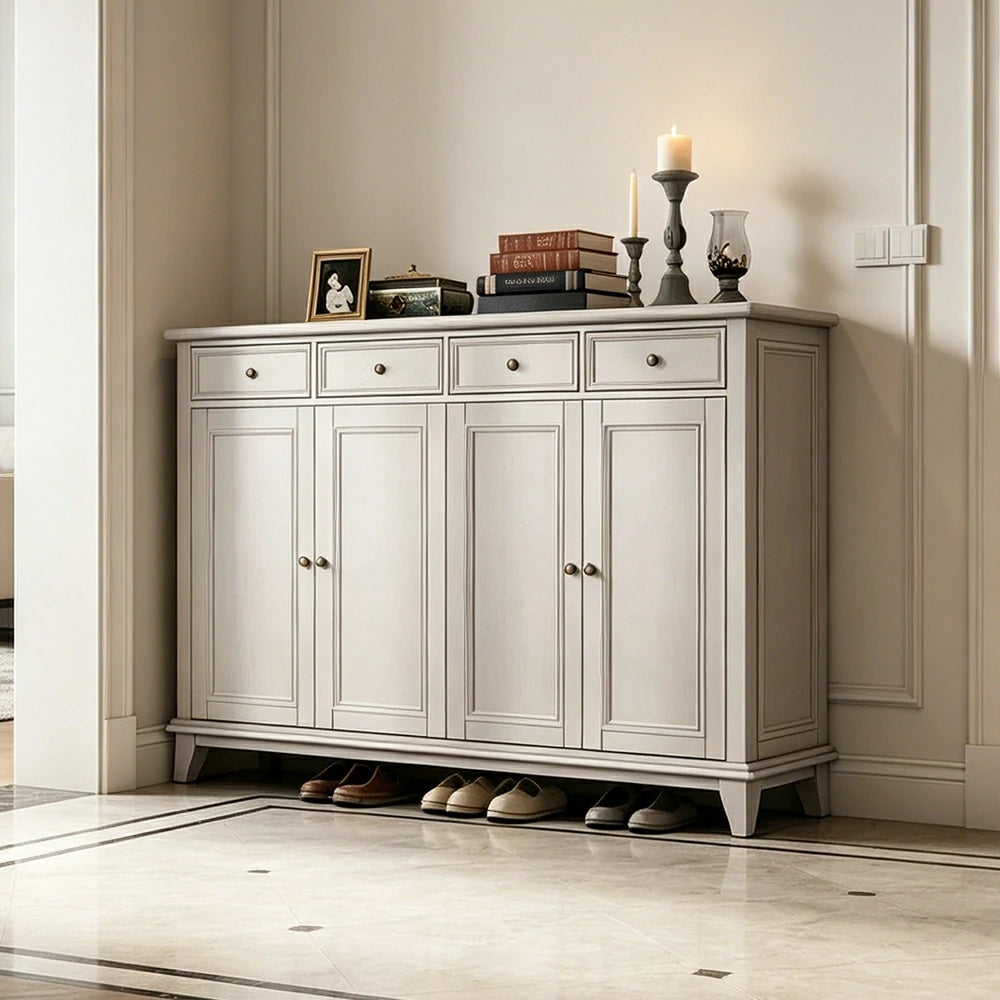 LUXORA Solid Wood 4 Door Shoe Cabinet with Multi-Drawer Storage American Style Entryway Organizer for Hallway Foyer - White