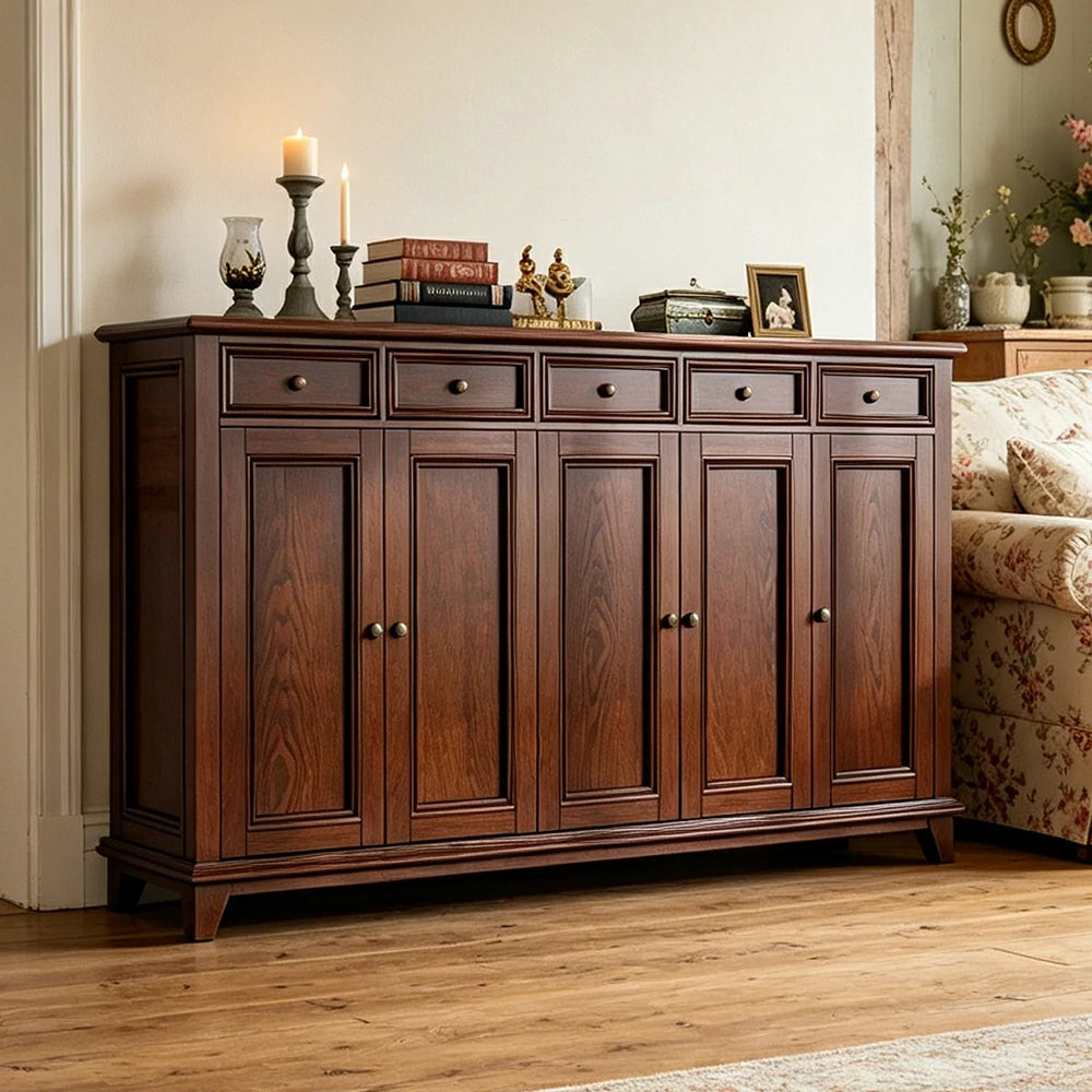 LUXORA Solid Wood 5 Door Shoe Cabinet with Multi-Drawer Storage American Style Entryway Organizer for Hallway Foyer - Walnut