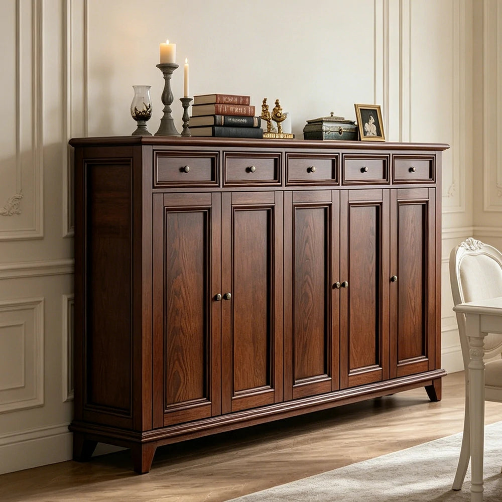 LUXORA Solid Wood 5 Door Shoe Cabinet with Multi-Drawer Storage American Style Entryway Organizer for Hallway Foyer - Walnut