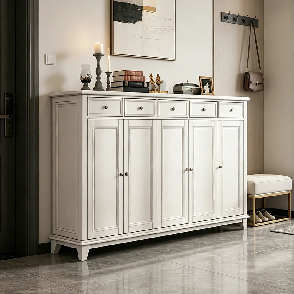 LUXORA Solid Wood 5 Door Shoe Cabinet with Multi-Drawer Storage American Style Entryway Organizer for Hallway Foyer - White