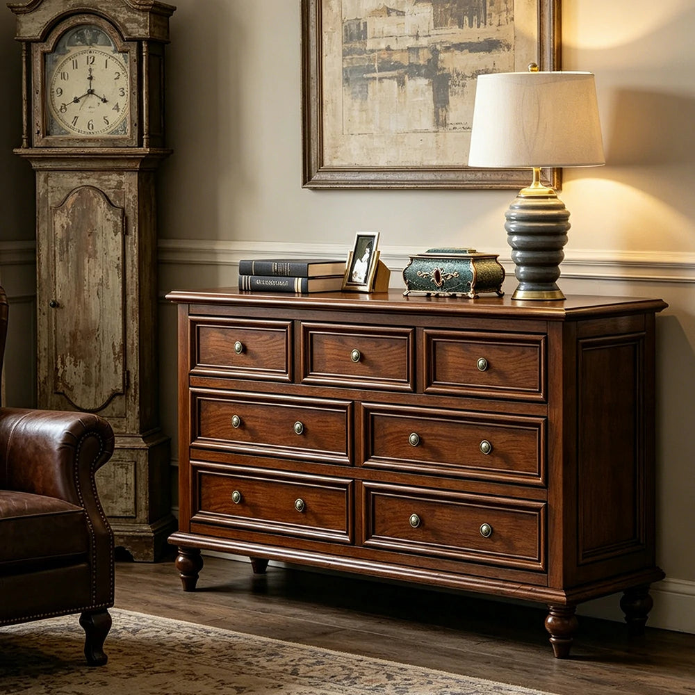 LUXORA Solid Wood 7 Drawer Chest with Large Storage American Style Cabinet for Living Room Bedroom Entryway