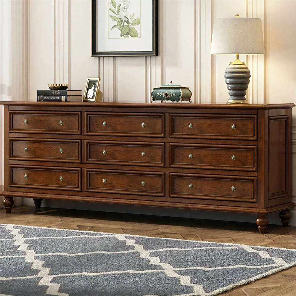 LUXORA Solid Wood 9 Drawer Chest with Large Storage American Style Cabinet for Living Room Bedroom Entryway