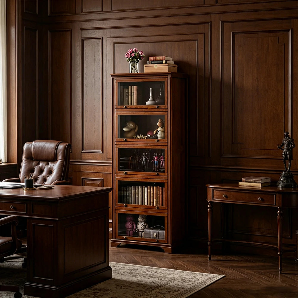 LUXORA 5-Tier Solid Ash Wood Bookcase Flip-Up Glass Door Storage Cabinet 60/80cm for Living Room Study