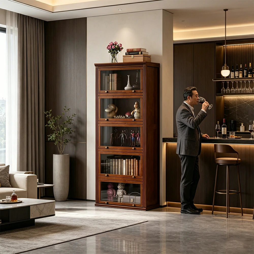 LUXORA 5-Tier Solid Ash Wood Bookcase Flip-Up Glass Door Storage Cabinet 60/80cm for Living Room Study