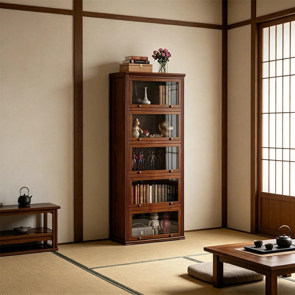 LUXORA 5-Tier Solid Ash Wood Bookcase Flip-Up Glass Door Storage Cabinet 60/80cm for Living Room Study