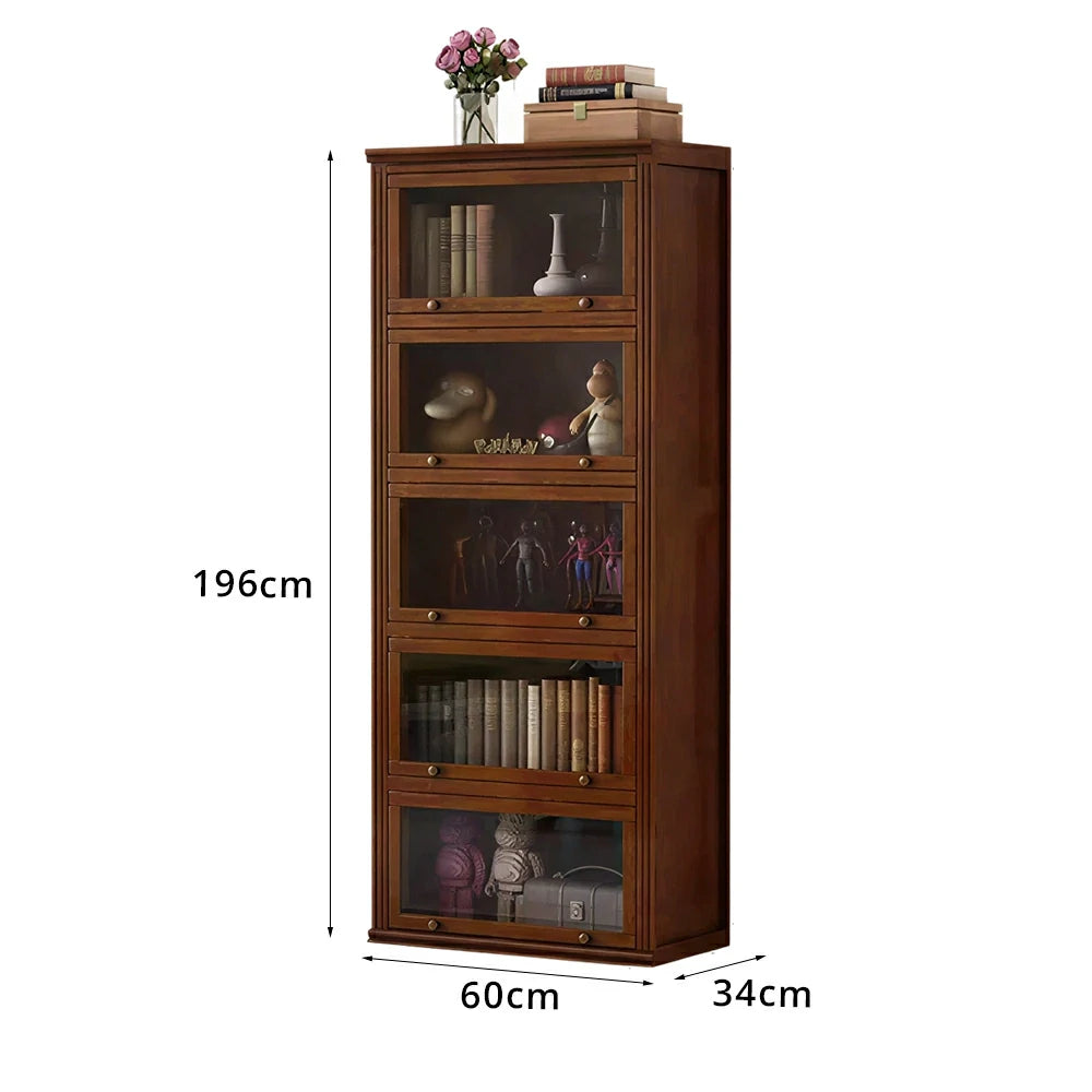 LUXORA 5-Tier Solid Ash Wood Bookcase Flip-Up Glass Door Storage Cabinet 60/80cm for Living Room Study