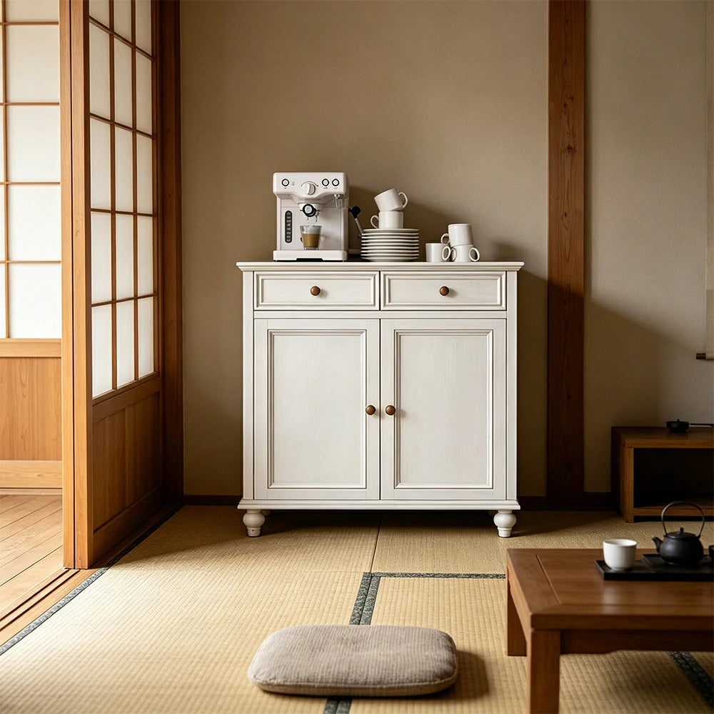 LUXORA Solid Ash Wood Double Door Storage Cabinet Vintage Drawer Organizer for Bedroom Living Room - White