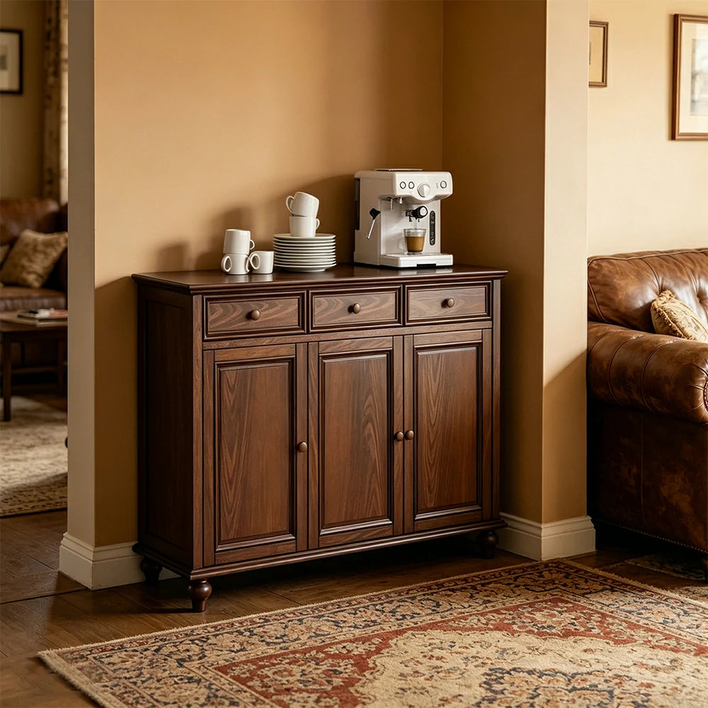 LUXORA Solid Ash Wood Three Door Storage Cabinet Vintage Drawer Organizer for Bedroom Living Room - Walnut